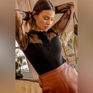 Refined Elegance Black Lace Tie-Neck Long Sleeve Top